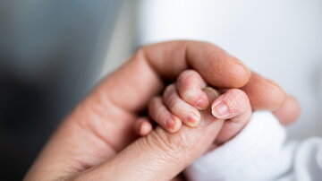 Babyhand klammert den Daumen einer Hand