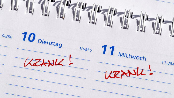 Tischkalender, auf dem an zwei Tagen das Wort „Krank“ in rot vermerkt ist. Bild von Adobe Stock