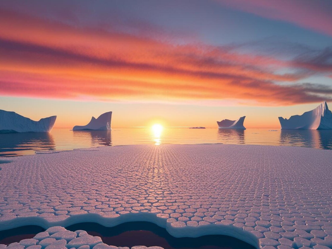 Eine Eisscholle in der Arktis und im Hintergrund mehrere Eisberge und einem Sonnenaufgang am Horizont des Meeres. Die Eisscholle sollte von oben die Silhouette der Hautzellen als Wabe darstellen.